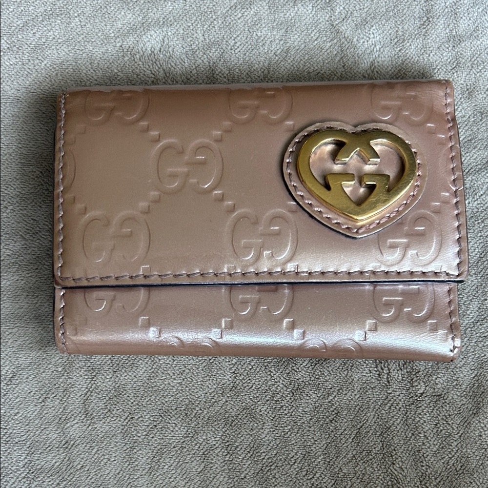 Gucci Pink Card Holder with Gold Heart Accent